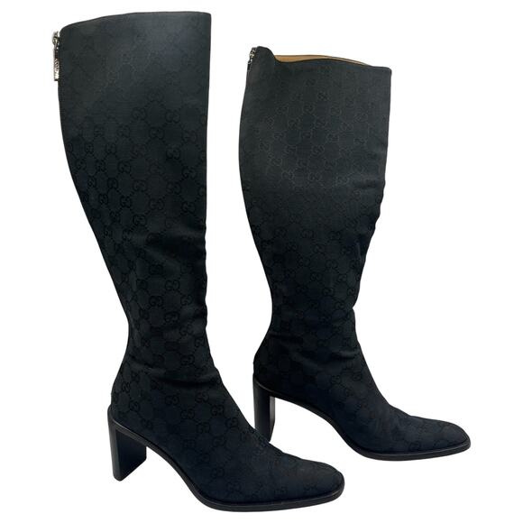Gucci Vintage Canvas Monogram Block Heels Knee High Boots Black 38.5C US 8.5C - Picture 1 of 14